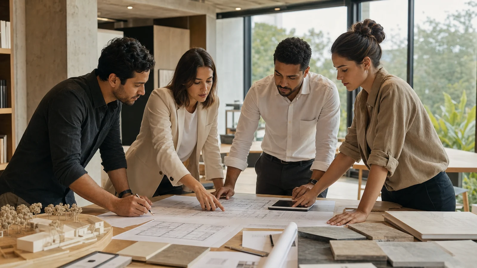 Equipe de arquitetos e engenheiros analisando projetos em conjunto