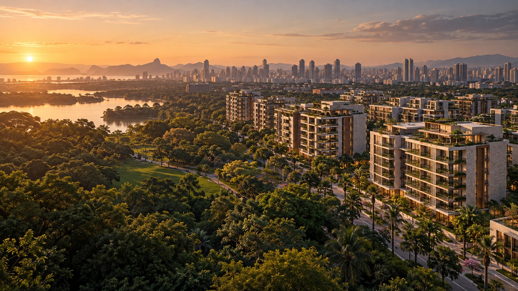Visualização arquitetônica ilustrativa de edifícios residenciais integrados a um parque urbano ao pôr do sol